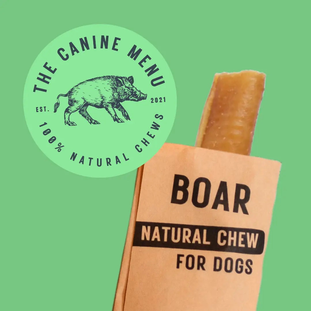 Boar natural chew for dogs with 'The Canine Menu' logo on a green background