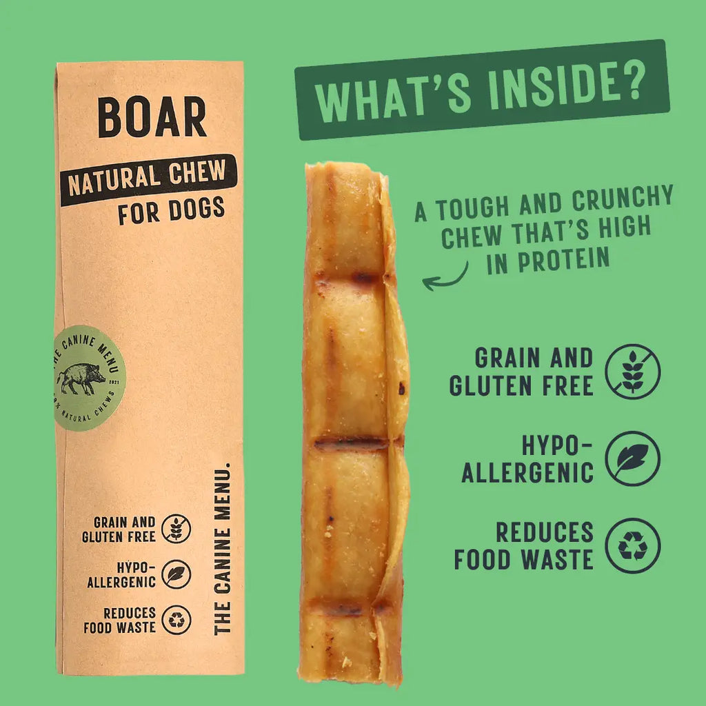 Boar natural chew for dogs packaging with product and green background