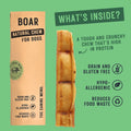 Boar natural chew for dogs packaging with product and green background